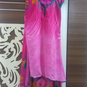 High Low Floral Kurti With Sleeves Nd Belt