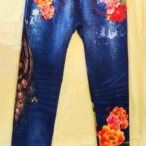 Floral And Peacock Print Jeggings