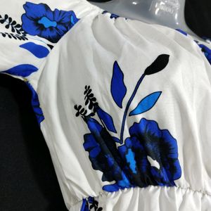 White And Blue Floral Printed Dress (Women)