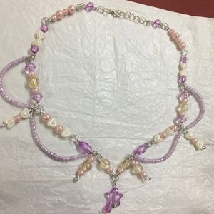 Fairy Purple crystal&Pink Bead Loop Necklace