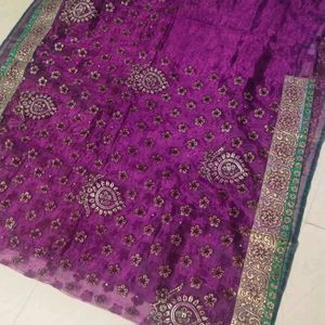 purple colour orange saree