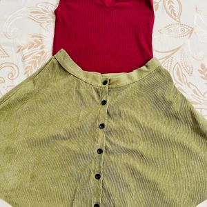 Combo Deal- Green Skater Skirt and 2 Maroon Tops