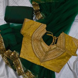 🔥SALE🔥 Green Net Saree - Fullset New✨