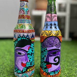 Set Of Two Rajasthani Folk Art On Glass Bottle