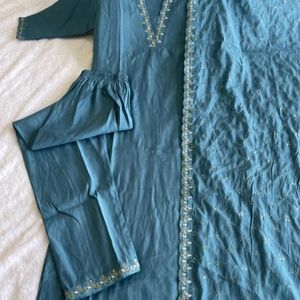 New Women Cotton Silk Kurta Pant Dupatta Set