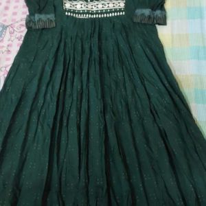 Dark Green Cotton Anarkali With Beautiful Work