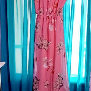 Peach Coloured And Beige Floral Printed Maxi Dress