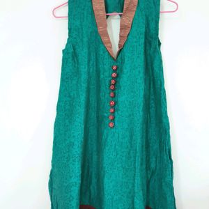 Collar neck Turquoise Kurta With Red Velvet Border