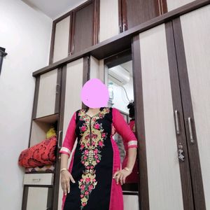 Machine Embroidered Pink-black Straight Kurta