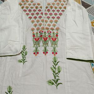 White Cotton Embroidered Kurti Fabric