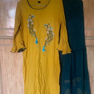 Yellow And Green Kurta Set With Flair Plazzo