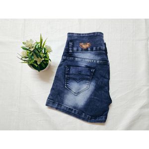 Women Casual Blue High waisted Denim short