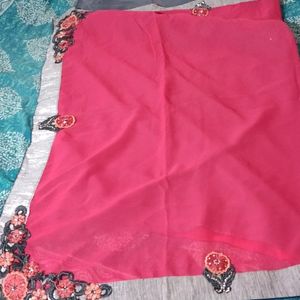 Pink And Grey Embroidered Saree(  Without Blouse P