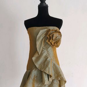 Gold Crepe Mini Sleeveless Large Rose Tube Dress