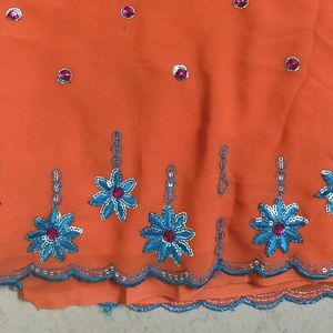 🧡💙Orange Blue & 💕 Pink Tikka Work Saree 🧡💙