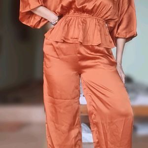 Rust Color Satin Kaftan Top Co-ord Set