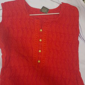 Red Sleeveless Chikankari Kurtha