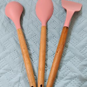 Silicon Spatula With Wooden Handle Set