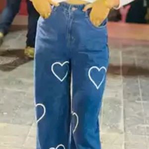 Heart Printed Wide Leg Jeans