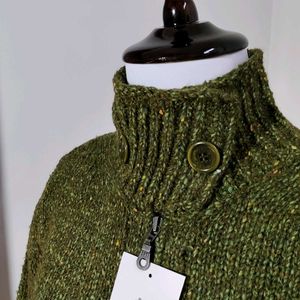 Knitted Zipper Cardigan with Polo Neck & Buttons