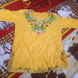 Hand Embroidered Cute Yellow Kurti