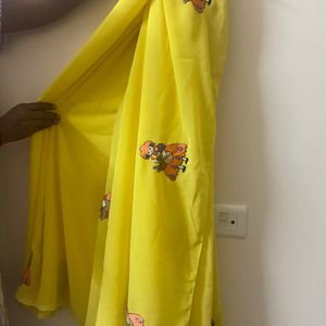 Lemon Yellow Color Silk Saree With Girl Embroidery