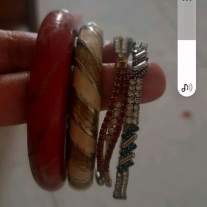 4 Set of bangles -1wooden ,3metal with Stones