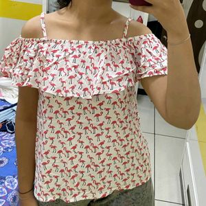 Flamingo Print White Off Shoulder Top! Just Fab!