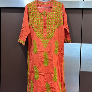 Chikankari Orange N Green Kurta