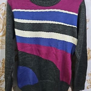 Grey Based Multi Colour Pure Woolen Top Cum Sweat