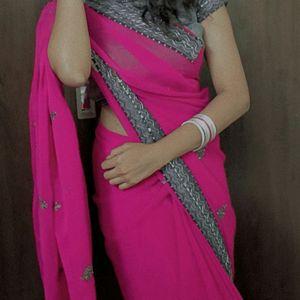 Pink Saree With Silver Border