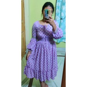 Lavender Polka Print Knee Length Dress