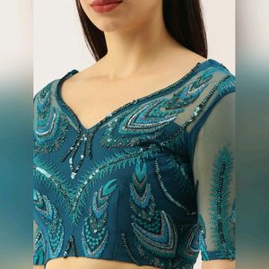 Teal - Net Embroidered Floral Sequins Semi-Stitche