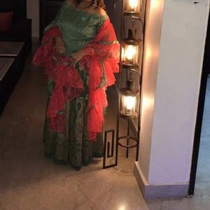 Green And Pink Blouse With Skirt (lehenga Look)