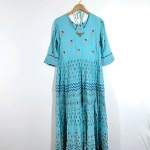 Long Printed Kurta Cyan Color