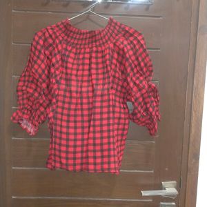 Off Shoulder Red Checkered Top