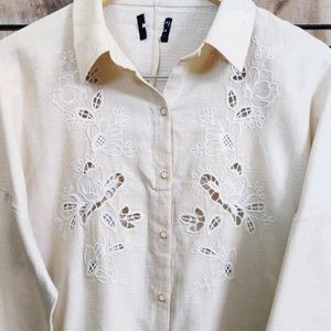 Cream Embroidery Work Shirt Size-38