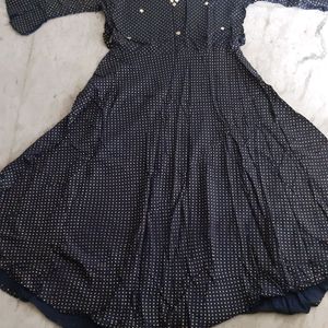 Blue polka dots frock with  mirror work  on neck