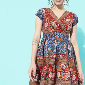 Blue & Red Floral Mini Fit And Flare Dress