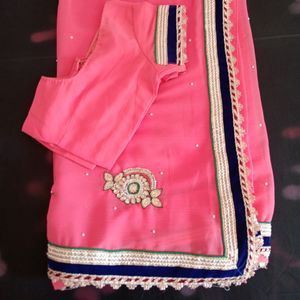 Rose pink colour heavy work saree with 32" blouse