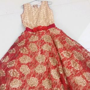 Red And Golden Sequence Work Gown For Girls