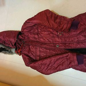 Maroon Winter Fur Woollen Jacket For Kids Girls