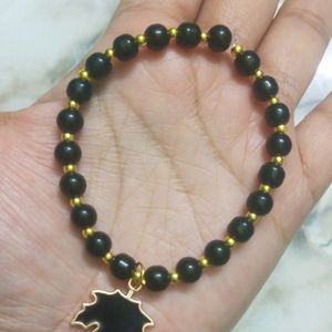 Black Beads Bracelet With Blac Leaf Charm