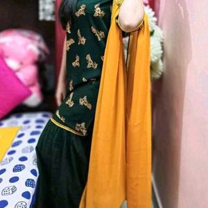 Dark Green Printed Kurta With Sharara & Dupatta