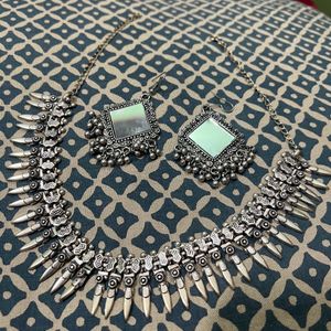 Oxidised Necklace With Mirror Earrings Set