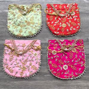 Designer Flower Embroidery Printed Potli Bags