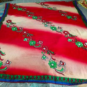 Red And Off White Sari With Blouse