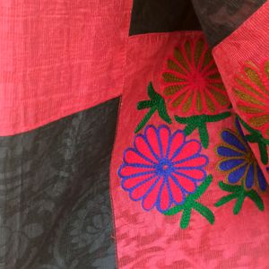 Red Black Kora Saree