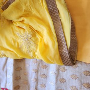 Beige Embroidered Kurta With Yellow Salwar And Yellow  Georgette Dupatta