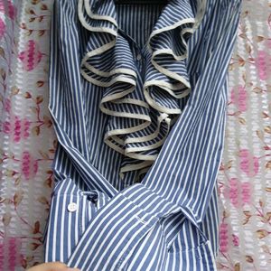 Clasi Blue Vertical Stripes Layers Ruffle To